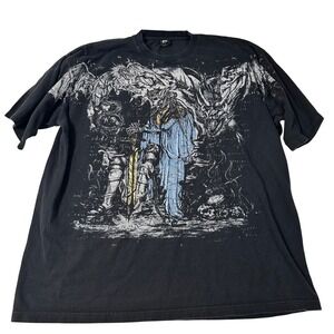 Fuya Mens 2XL Black Graphic T-Shirt Fantasy Skeleton Dragon Sword Gothic Tee